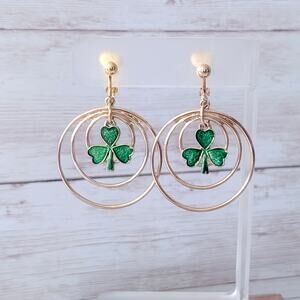 Vintage Clip On Earrings Large Gold Tone & Shamrock Dangle Irish Theme